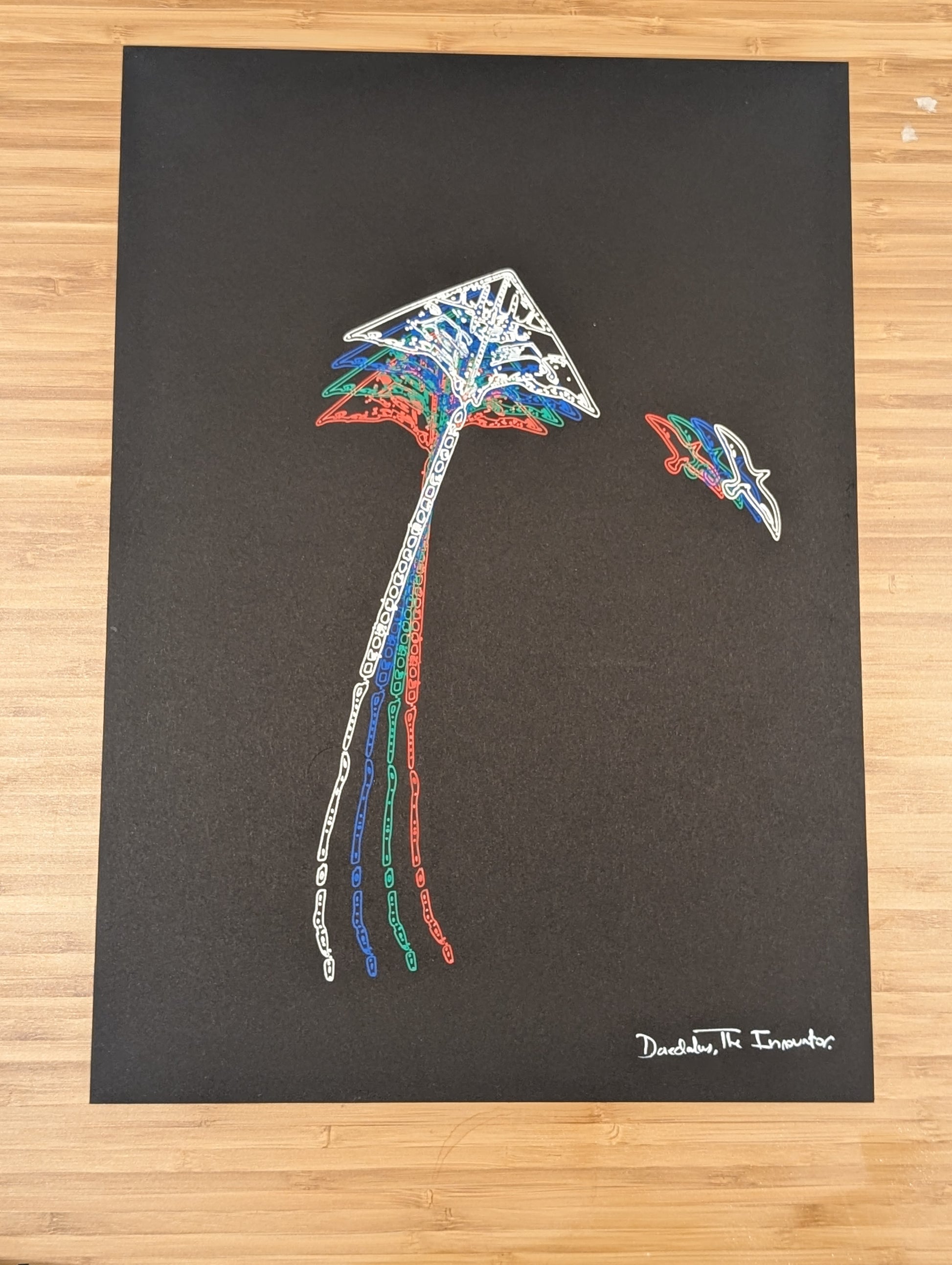 Colorful kite drawing on a black background with a signature at the bottom right corner.