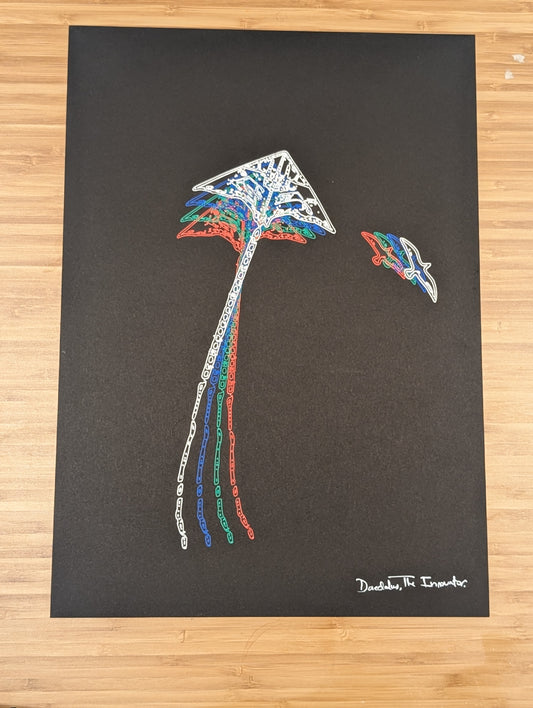 Colorful kite drawing on a black background with a signature at the bottom right corner.